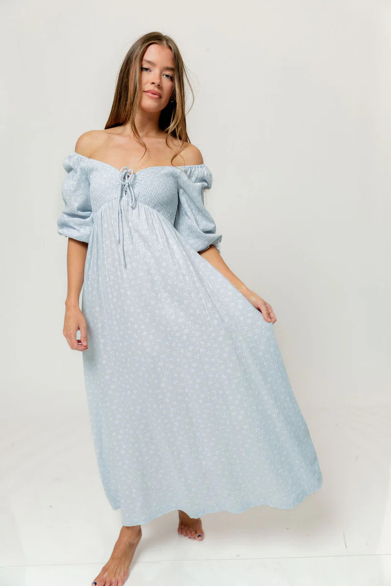 Cecilia 100% Cotton Smocked Maxi Dress in Baby Blue Foliage - Bump Fri | Worth Collective