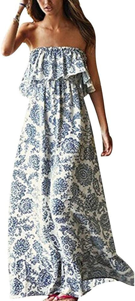 Yidarton Women Summer Blue and White Porcelain Strapless Boho Maxi Long Dress | Amazon (US)