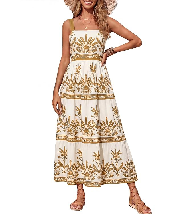 Simplee Womens Summer Boho Floral Maxi Dress Casual Flowy Sleeveless Square Neck Beach Vacation S... | Amazon (US)
