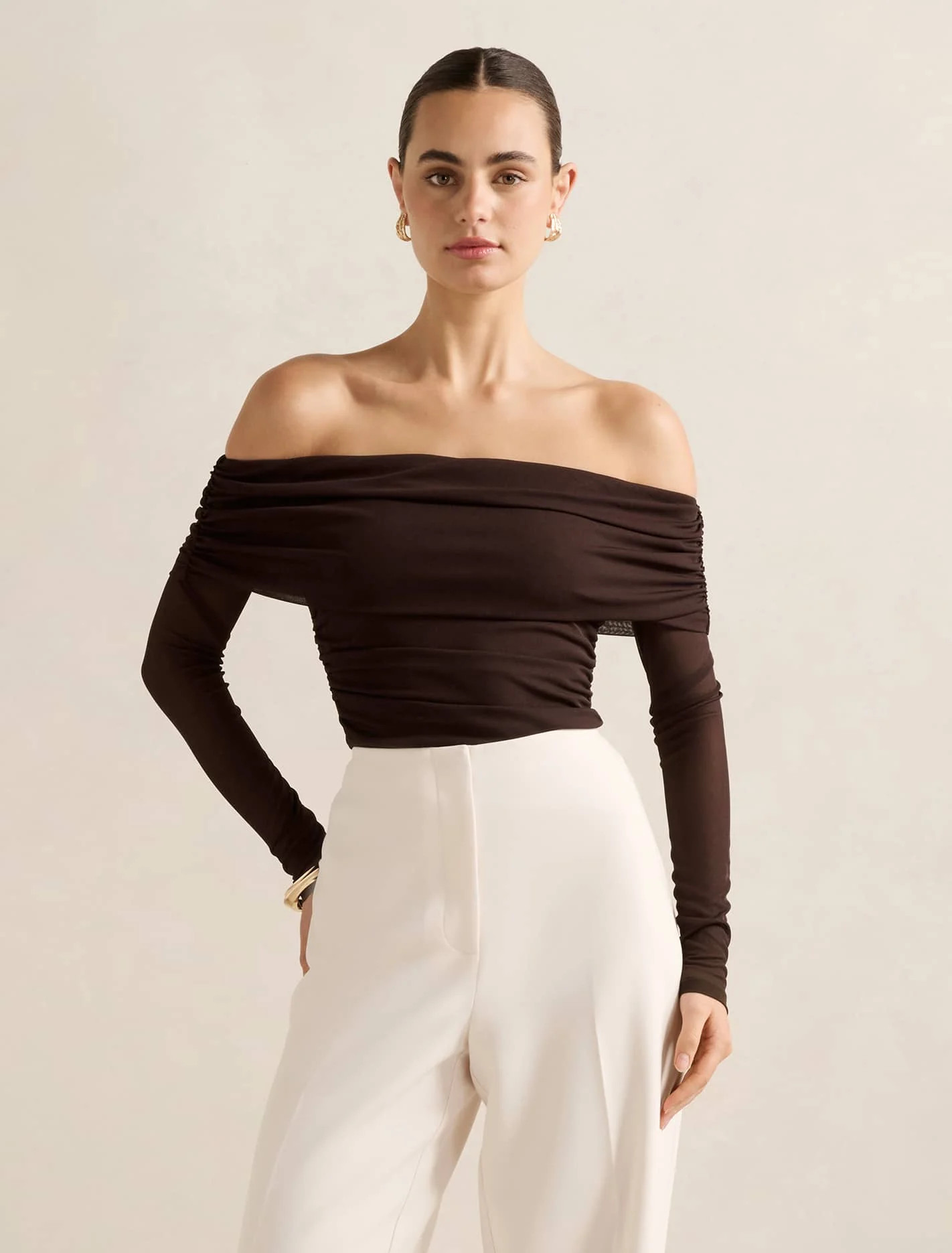 Kaia Ruched Mesh Bardot Top Chocolate | Ever New (CA)