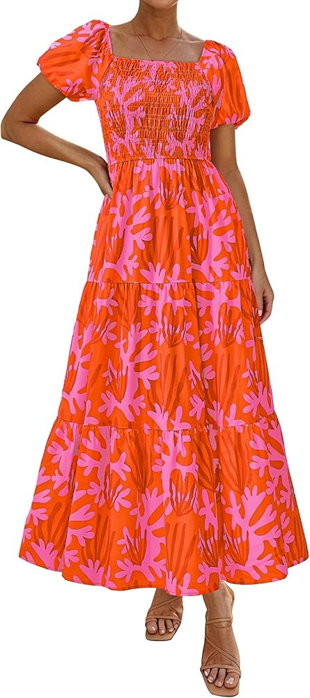 PRETTYGARDEN Womens Summer Puff Short Sleeve Maxi Dress Square Neck Smocked Tiered Ruffle A Line ... | Amazon (US)