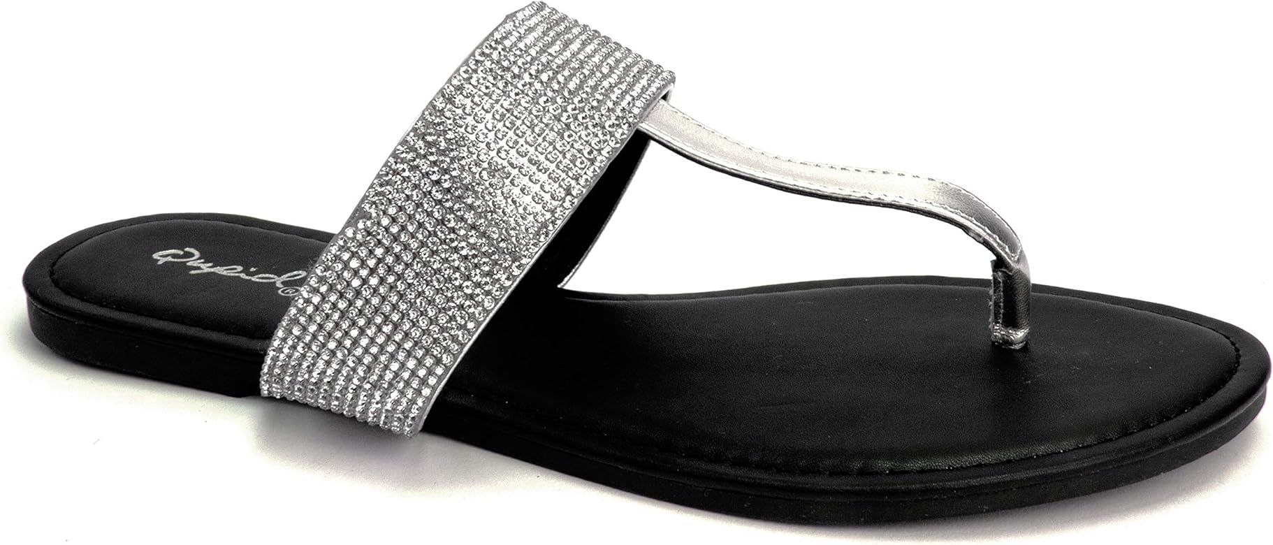 Qupid Archer Flip Flops for Women - Faux Leather & Rhinestone Sandals | Amazon (US)