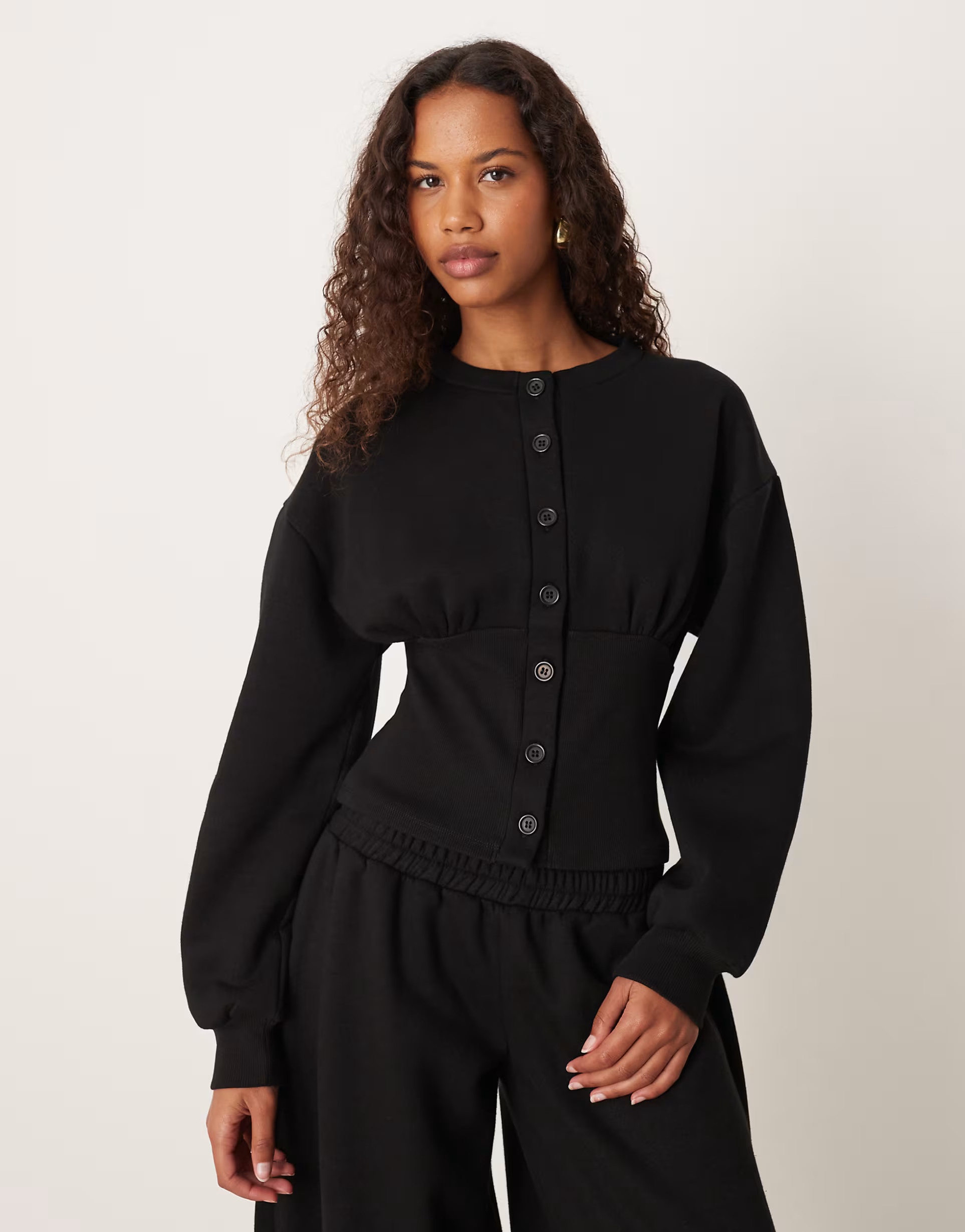 ASOS DESIGN cinched sweatshirt button up top in black - part of a set | ASOS | ASOS (Global)