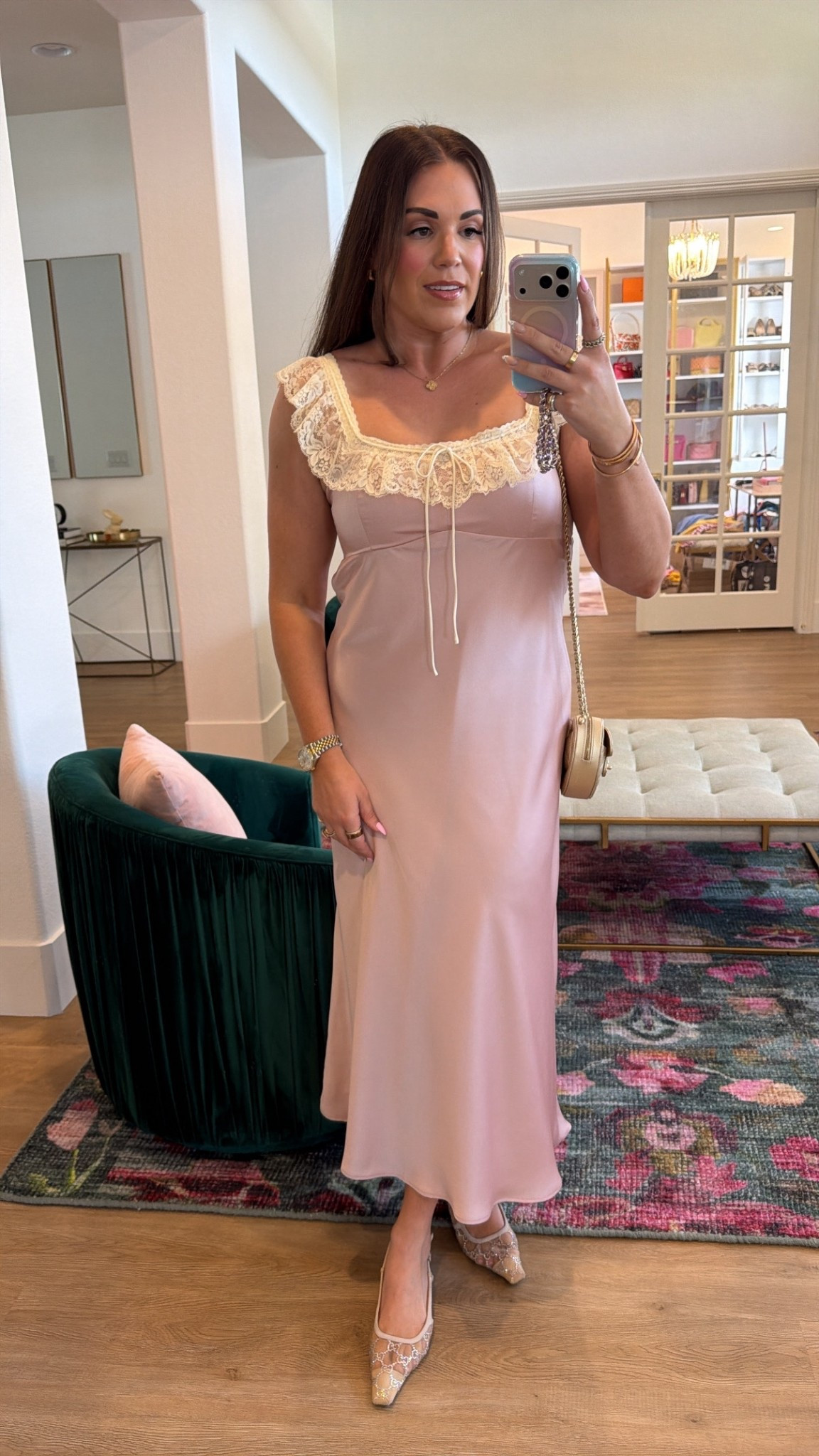 curvy midsize spring pink mauve dress for easter! in the size large. love the lace neckline and satin fabric! 

#LTKMidsize #LTKSeasonal