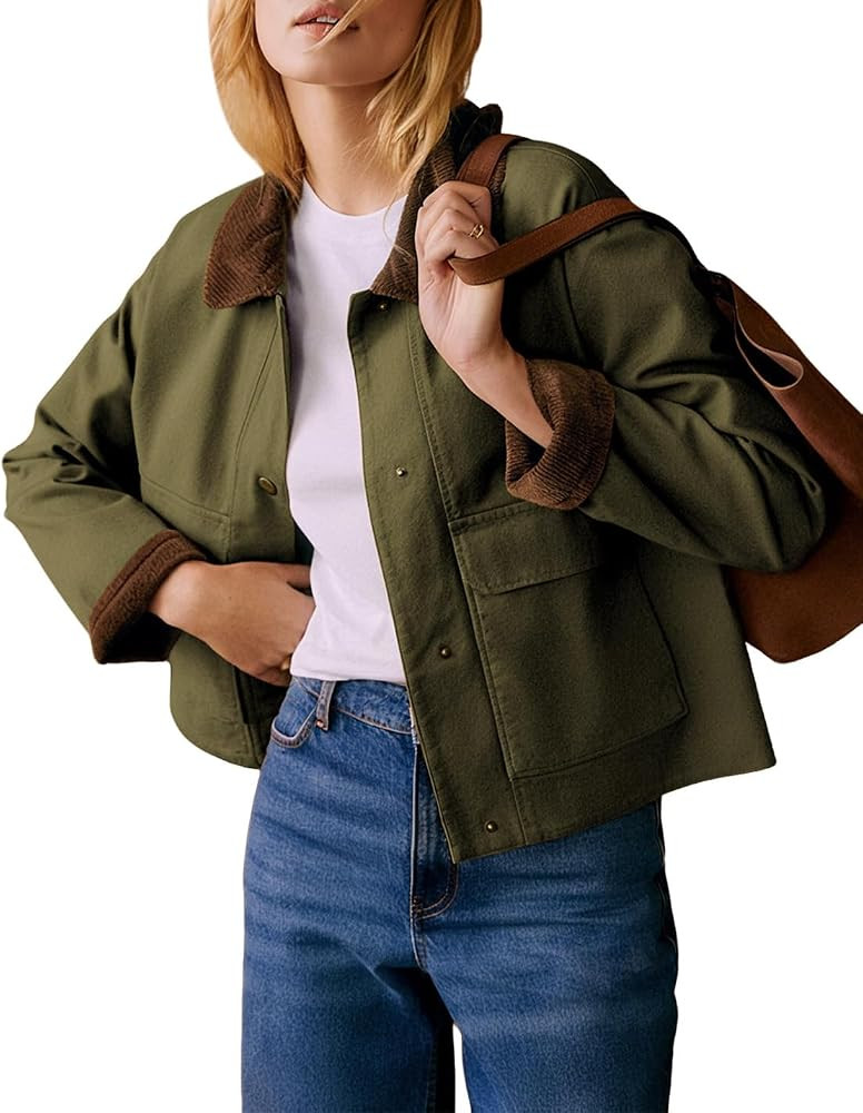 Womens Contrast Collar Jacket Casual Button Down Long Sleeve Shacket Outfit with Pockets | Amazon (US)