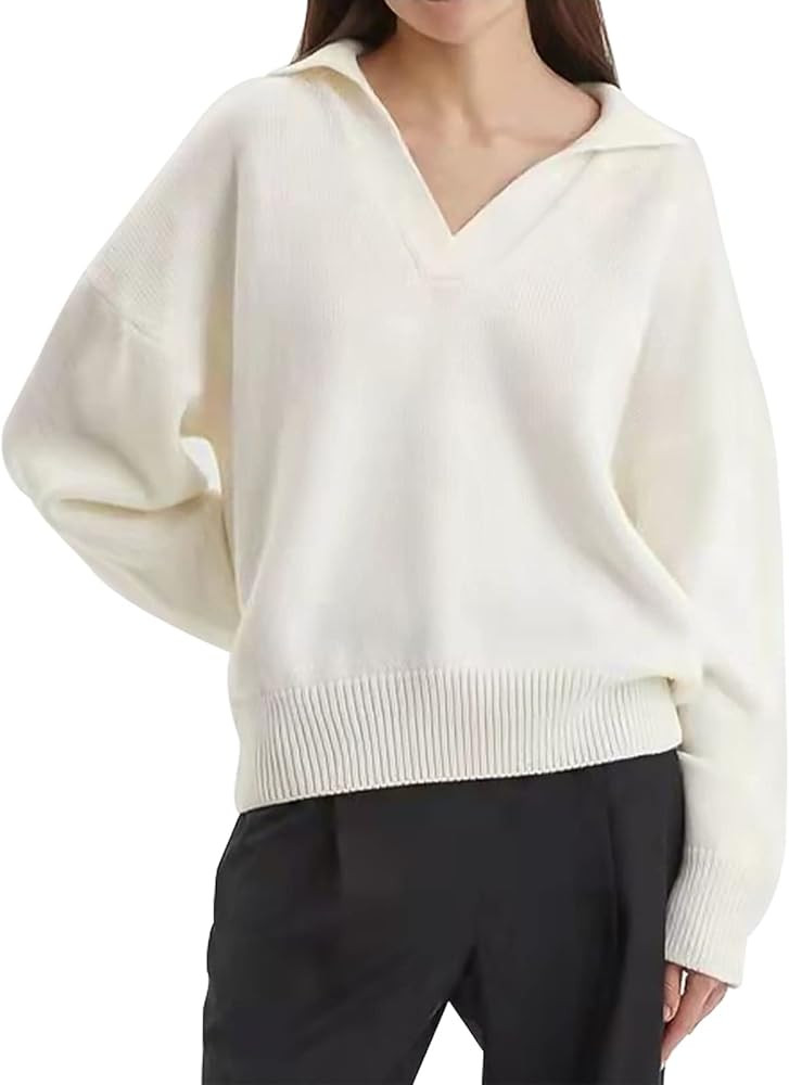 Women's Casual Long Sleeve Pullover Sweaters Striped V Neck Lapel Collar Loose Fit Solid Knitted ... | Amazon (US)