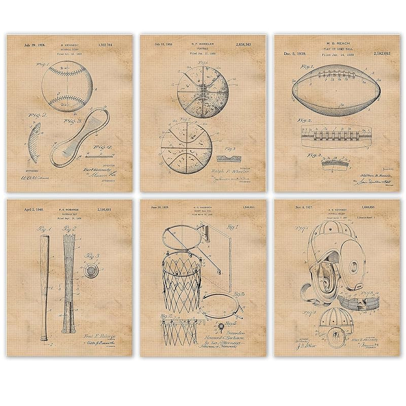Vintage Football Baseball Basketball Sports Patent Prints, 6 (8x10) Unframed Photos, Wall Art Dec... | Amazon (US)