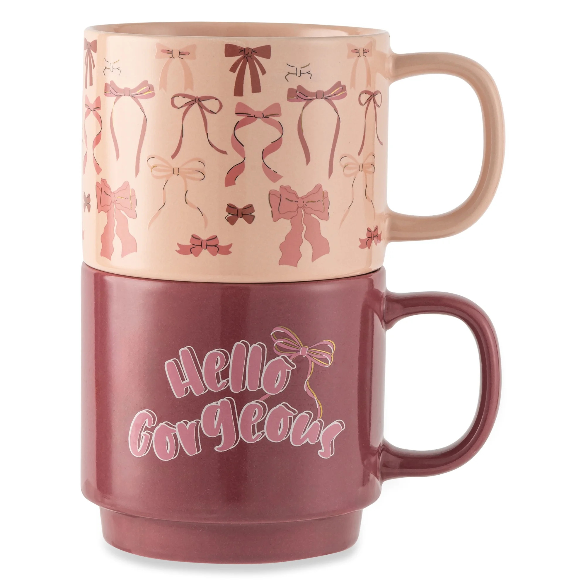 Thyme & Table 2 Pack Stacking Hello Gorgeous and Pink Bows Mugs 14.2 fl oz, Stoneware | Walmart (US)