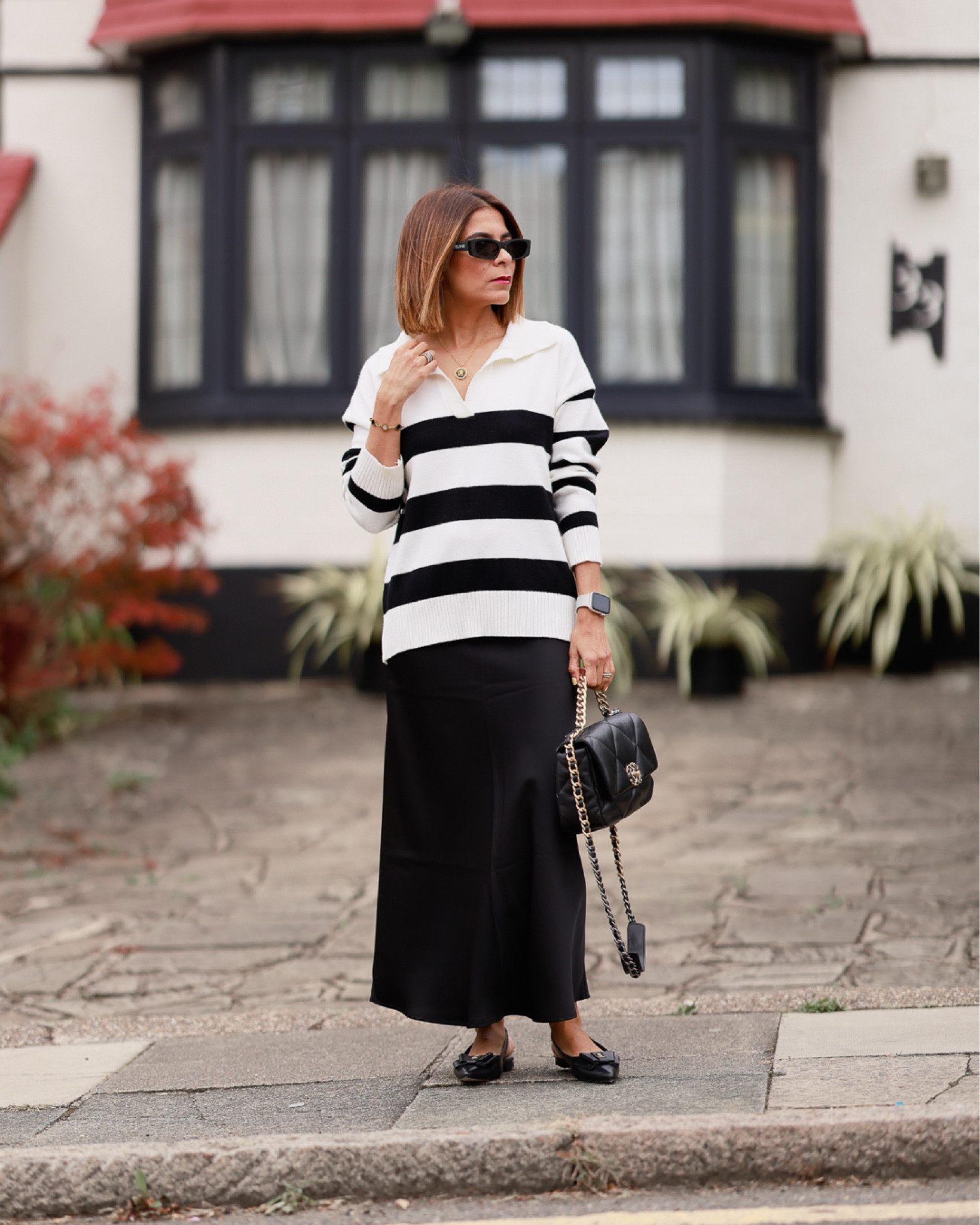 Autumn outfit Stripe Knit Satin Black Skirtt

#LTKuk #LTKeurope #LTKautumn