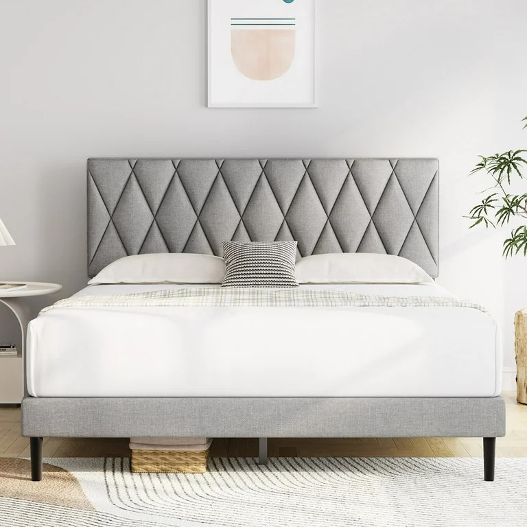 HAIIDE Queen Size Platform Bed Frame with Headboard, Modern Upholstered Platform Bed, Light Grey | Walmart (US)