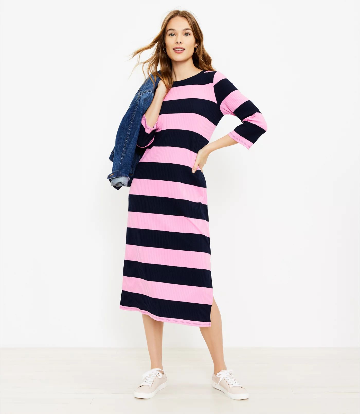 Striped 3/4 Sleeve Midi Dress | LOFT