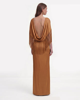 Fringe Cape Satin Maxi Dress - Caramel Brown | JW PEI US
