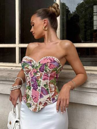 Glamine Charm Sexy Romantic Jacquard Patchwork Floral Trim Underwire Bandeau Top For Women Tube Top Corset Floral Corset Top Corset Tops For Women Strapless Corset Top | SHEIN