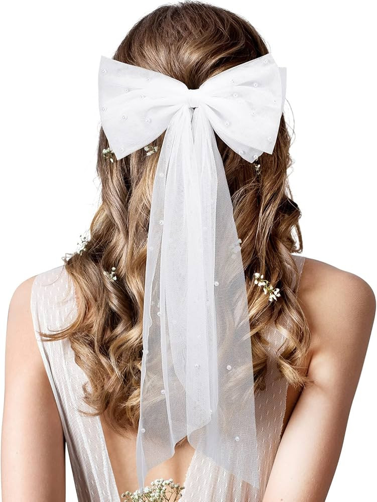 Juinte Bridal Hair Bow Veil Bachelorette Party Pearl Hair Clip Wedding Veil Bride Hair Accessorie... | Amazon (US)