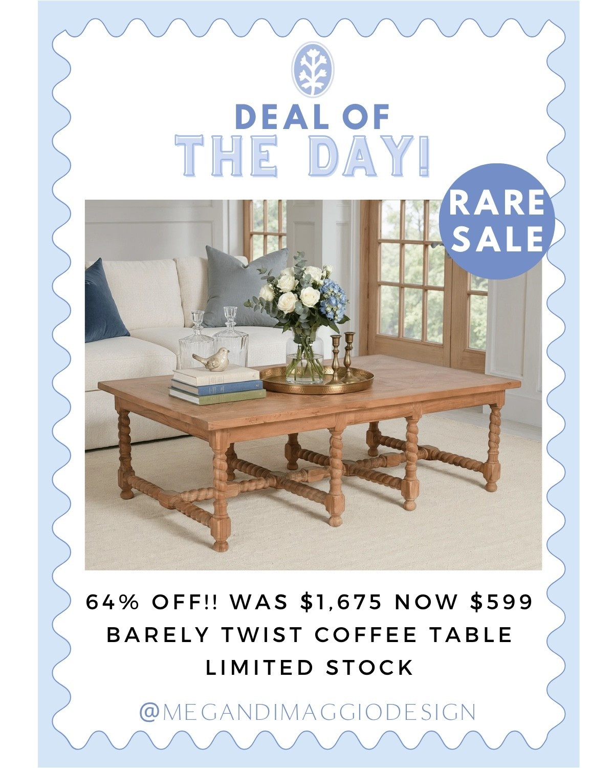 Viral WISTERIA barley twist coffee table found for 64% OFF!!! Can’t believe it’s marked down to just $599!! Limited quantities tho 🤯