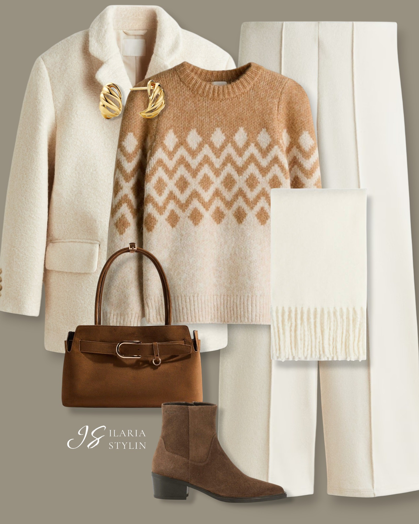 OUTFIT IDEAS: CREAM & BEIGE 🍪winter outfit, winter outfit ideas, winter ootd, cream jacket, single-breasted jacket, jacquard-knit sweater, cream pants, creased pants, dress pants, white scarf, suede bag, light brown bag, brown boots, ankle boots, suede boots, heeled boots,  scarf, dark brown bag, suede bag, brown boots, suede boots, chunky boots, chelsea boots, casual outfit, casual chic outfit

#LTKHoliday #LTKootd #LTKSeasonal