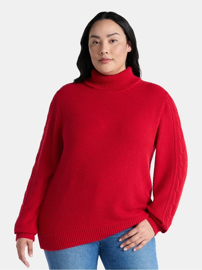 Time and Tru Women’s and Women’s Plus Turtleneck Sweater with Cable Sleeves, Midweight, Sizes... | Walmart (US)