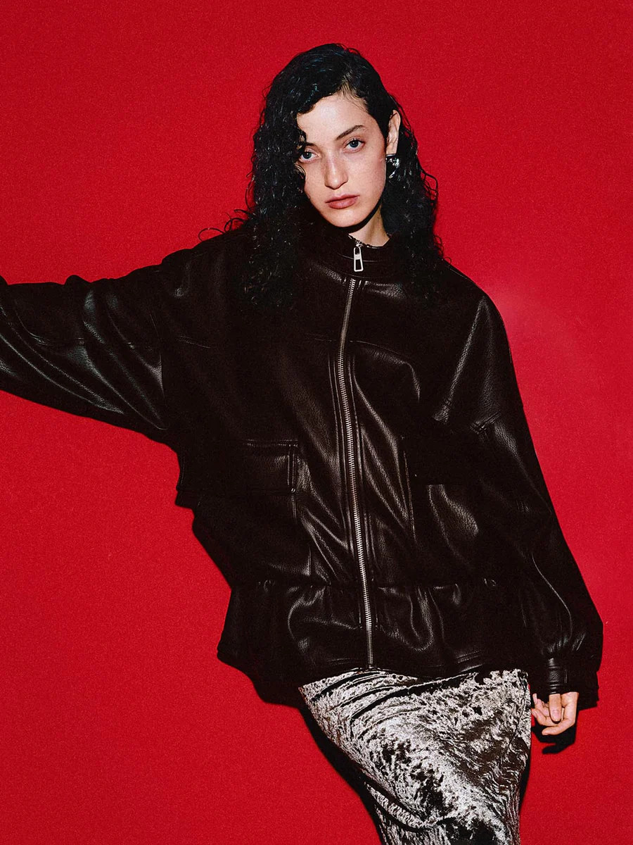 Full Zip Stand Collar Vegan Leather Jackets | Urban Revivo