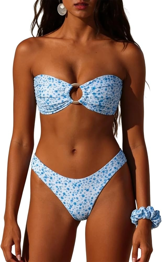 Women Floral Bandeau Bikini Set O Ring Strapless Tie Back Bikini Top High Cut Cheeky Thong Bathin... | Amazon (US)