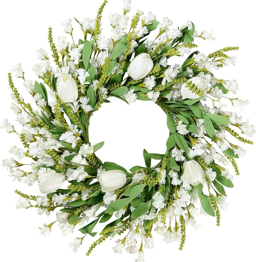 Sggvecsy Spring Summer Wreath for Front Door 22 Inch Artificial White Flower with White Tulips Gr... | Amazon (US)