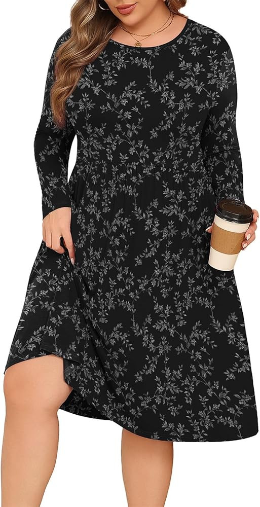 POSESHE Women's Plus Size Dresses Long Sleeves Crew Neck Casual Dresses Empire Waist Loose Flowy ... | Amazon (US)