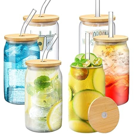 Drinking Glasses with Lid and Straw - SORWATEE 20oz Can Shaped Beer Glasses Set of 4 , Iced Coffee G | Amazon (US)