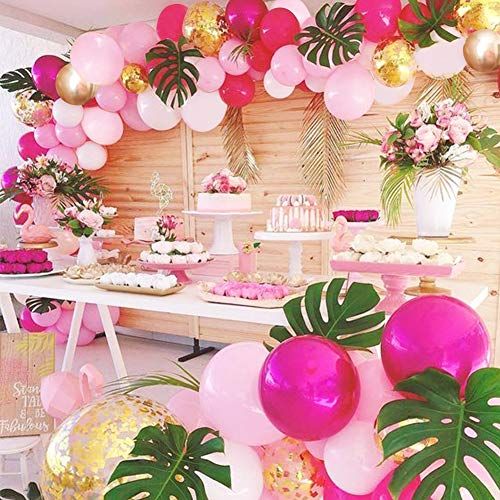 Girl’s Birthday Flamingo Garland Kit Balloon 70 Pcs Pink Rose Red Golden for Hawaii Tropical Themed  | Amazon (US)