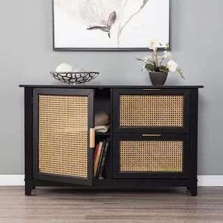 Black and Cane Bamboo Accent Storage Cabinet | Bed Bath & Beyond