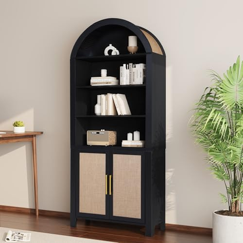 Janmer Home 71" Tall Arched Bookcase with Storage, Mid-Century Modern 6-Tier Arch Cabinet with Door, Arched Bookshelf Cabinet with Open Display Storage Shelf for Office Living Room (Black) | Amazon (US)