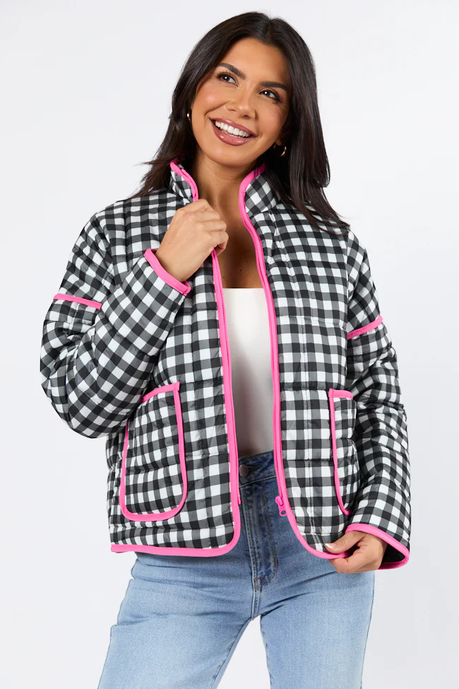 Going For It Black Gingham Printed Zip Up Jacket | Pink Lily