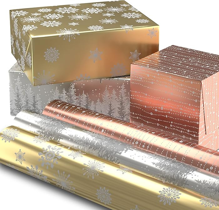 Hallmark Foil Wrapping Paper with Cut Lines on Reverse (3 Rolls: 60 Sq. Ft. Ttl) Rose Gold, Silve... | Amazon (US)
