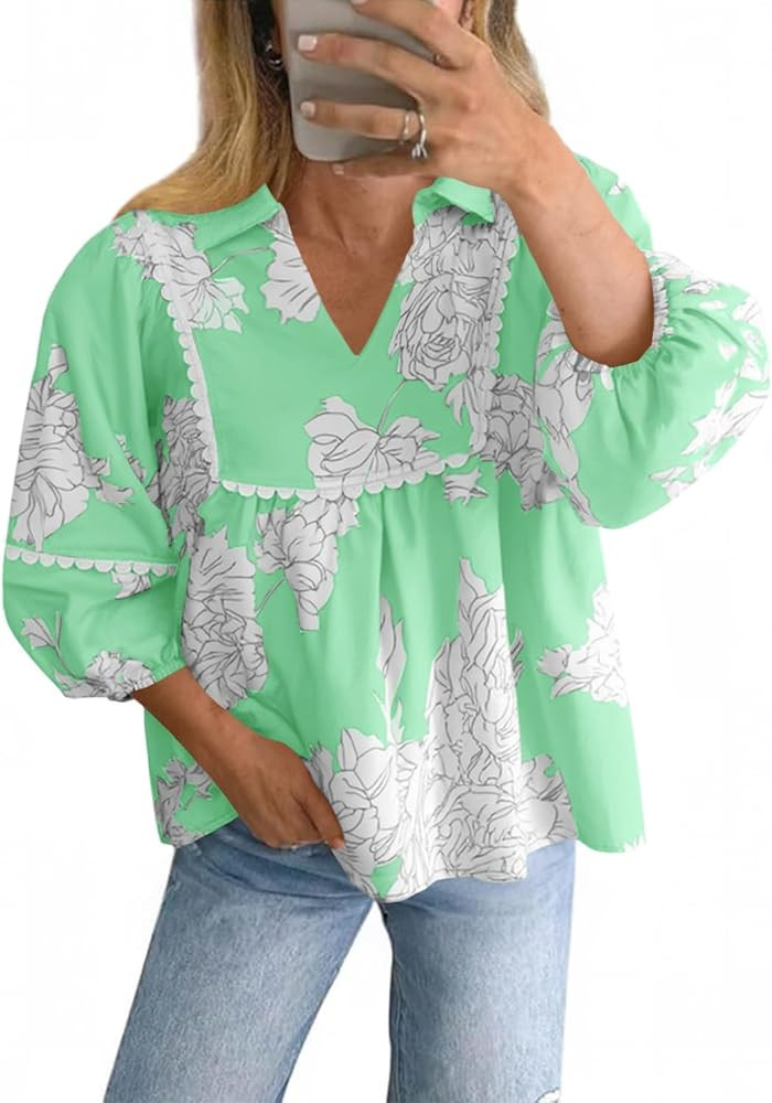 Tankaneo Womens Floral Peplum Babydoll Tops 3/4 Puff Sleeve Pleated Blouse Cute Casual V Neck Loo... | Amazon (US)