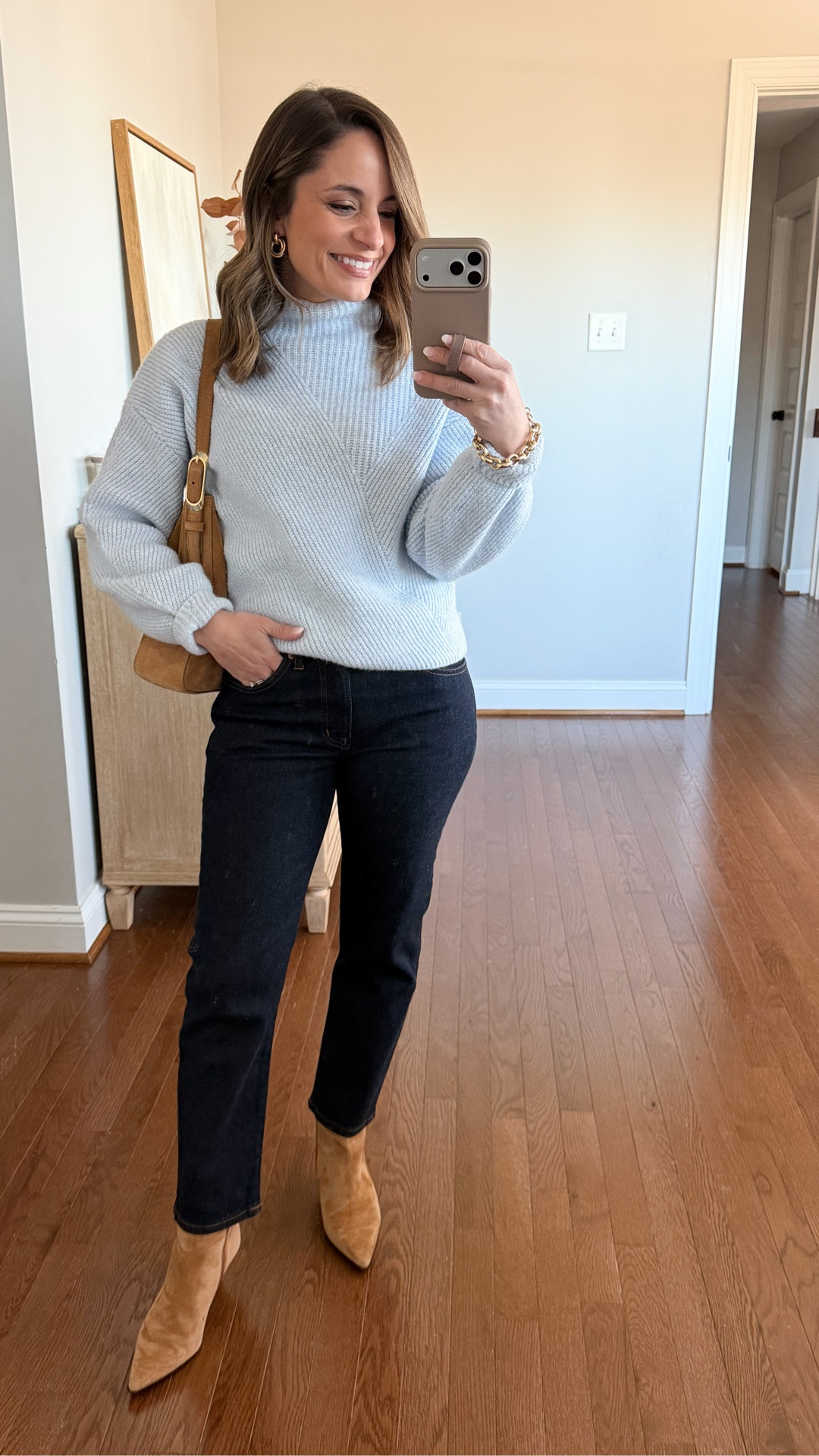 Petite Mid-Rise Jeans 

Madewell Jules Slim-Straight Jean 
Petite 24  - true to size 
98% cotton / 2% elastane 
9” rise/ 24.5” inseam / 6” leg opening 
Sweater (Kohl’s): petite xs 

* Measurements are taken from the size I’m wearing and may differ from the stated measurements on the brand sites. 

My measurements for reference: I’m 4’10” and 105lbs. My bust, waist, and hip measurement is 32”, 24”, and 36”.

#LTKPetite