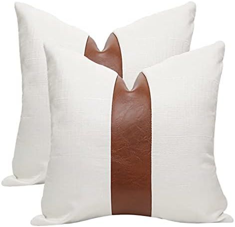 Hckot Set of 2 Thick White Linen Patchwork Faux Leather Throw Pillow Covers for Couch Living Room... | Amazon (US)