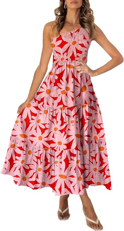 Ferlema Womens Summer Boho Floral Print One Shoulder Sleeveless Smocked Ruffle Swing Long Maxi Dr... | Amazon (US)