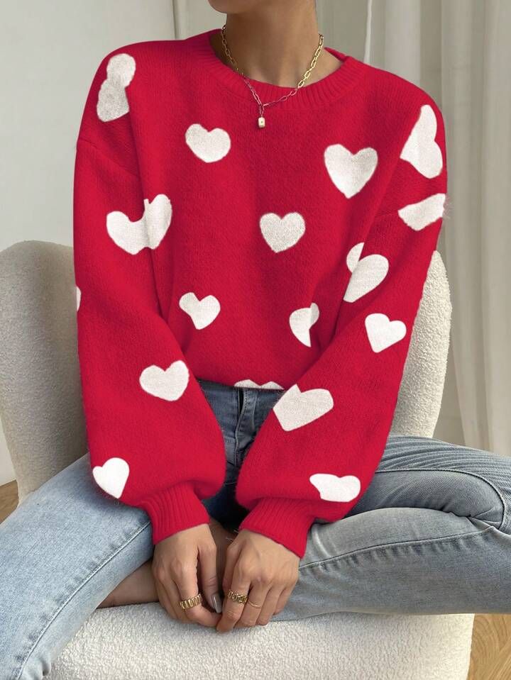 SHEIN Qutie Women's Love Heart Patterned Round Neck Pullover Sweater | SHEIN