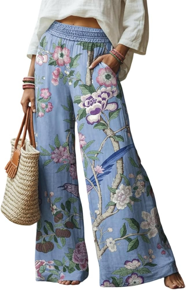 Womens Bohemian Wide Leg Pants Summer Beach Floral Butterfly Print High Waist Flowy Palazzo Loung... | Amazon (US)