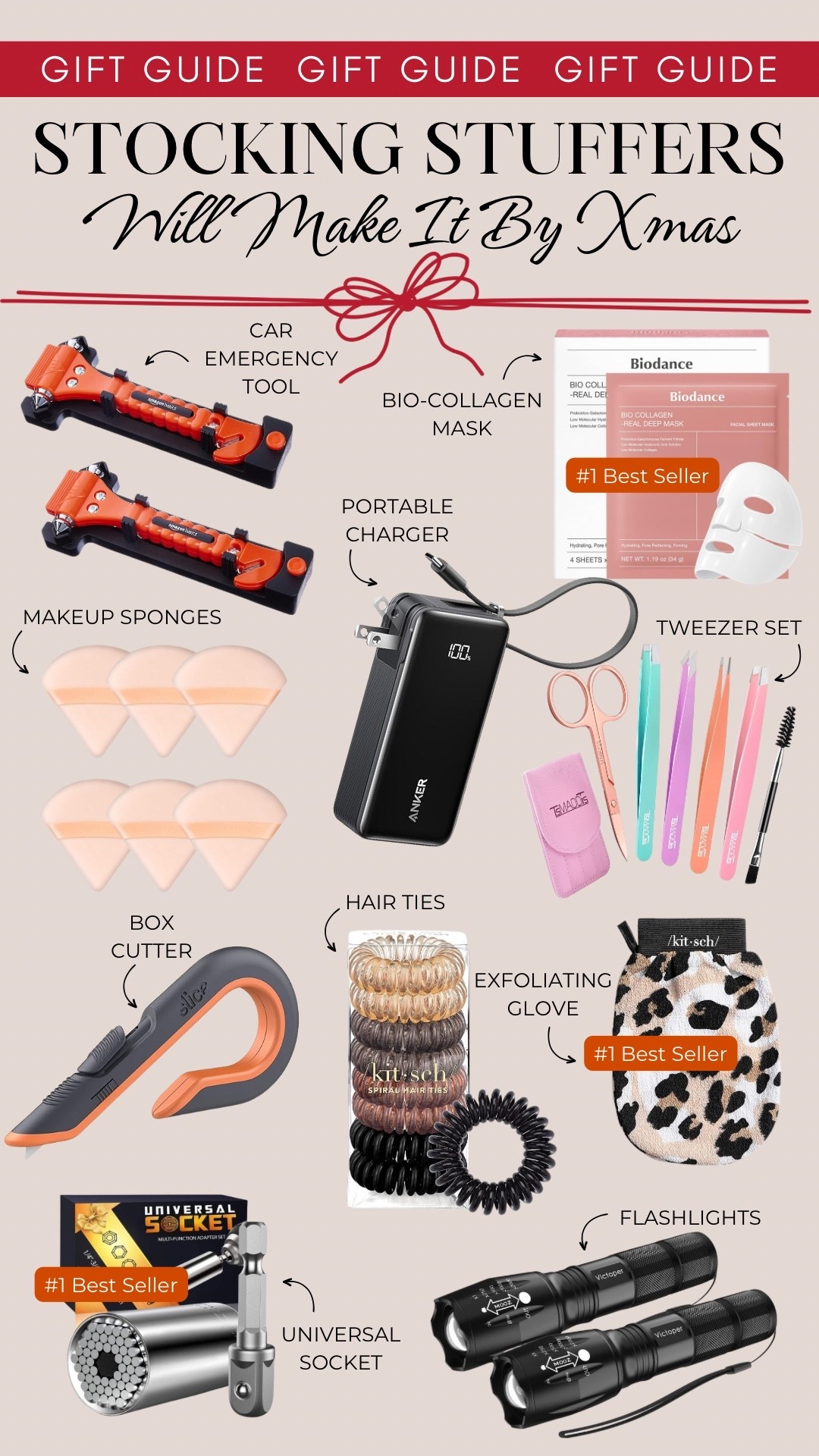 Theses stocking stuffers will arrive before Christmas, including a car emergency tool, bio-collagen masks, a portable charger, makeup sponges, a tweezer set, box cutter, hair ties, an exfoliating glove, universal socket, and mini flashlights.

Gifts for mom, gifts for dad, stocking stuffers for him, stocking stuffers for her, last minute gifts, gifts under 25, gifts under 10

#LTKGiftGuide #LTKHoliday #LTKFindsUnder50