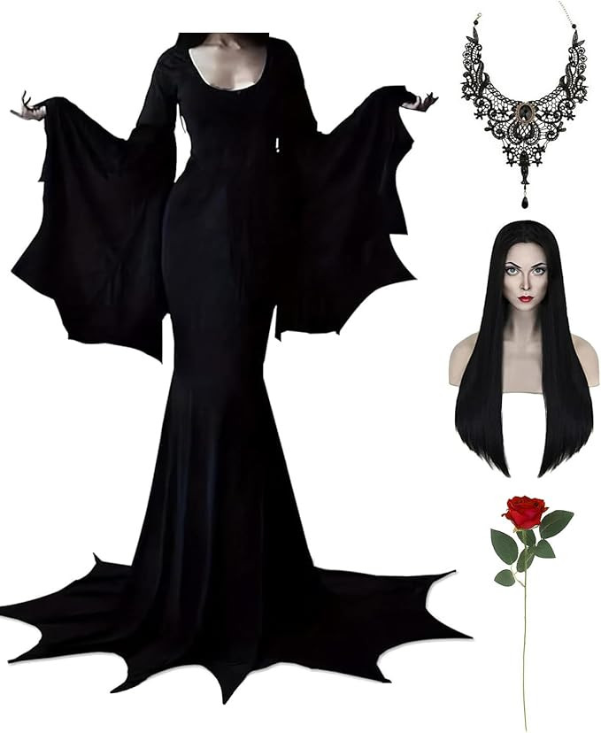 Halloween Morticia Addams Costumes Vintage Gothic Black Long Dress Outfit Women Wig Red Roses Flo... | Amazon (US)