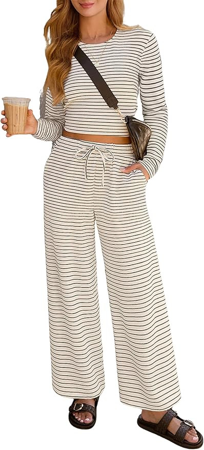 Lazysmile Lounge Sets For Women Casual Striped 2 Piece Outfits Long Sleeve Tops and Wide Leg Pant... | Amazon (US)