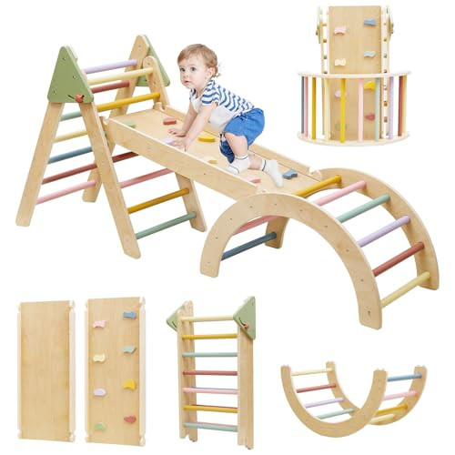 Foldable Pikler Triangle Climbing Set Wooden 7 in 1 Montessori Climber Toys for Toddlers 1-3 Baby Jungle Gym Indoor Slide Playground with Ramp & Arch & Ladder Large Kids Activity Center Boy/ Girl Gift | Amazon (US)