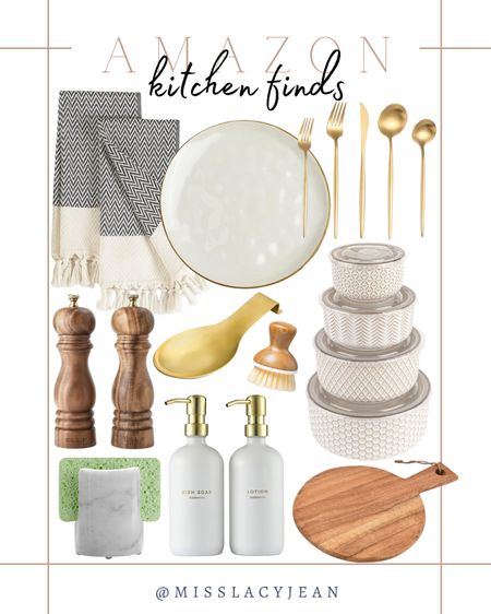 Amazon kitchen finds include plates, gold flatware, dish towels, nesting food storage bowls, wooden charcuterie board, soap dispensers, sponge holder, spoon rest, bamboo scrub brush, salt and pepper grinder.

Kitchen finds, Amazon kitchen , neutral kitchen finds, home decor, home accents

#LTKstyletip #LTKfindsunder50 #LTKhome