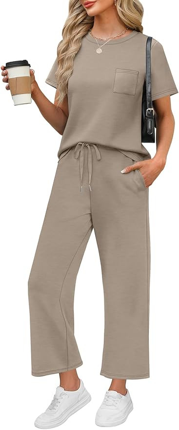 WIHOLL 2 Piece Sets for Women Casual Summer Travel Vacation Outfits Short Sleeve Wide Leg Crop Pa... | Amazon (US)