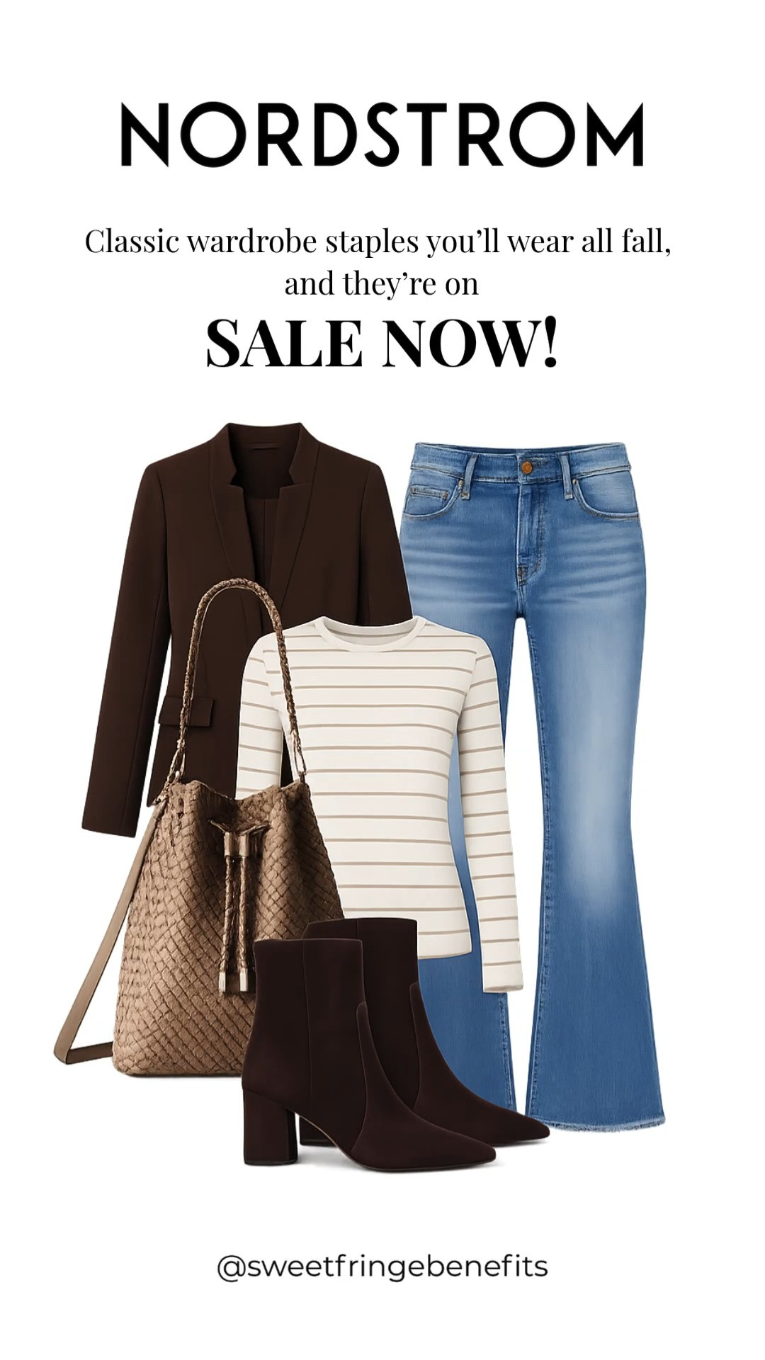 These are the pieces you’ll reach for all season long! A tailored blazer, striped knit top, flare jeans, woven bucket bag, and chocolate brown booties make the perfect fall capsule wardrobe, and they’re all included in the Nordstrom Anniversary Sale while supplies last.

💡 LTK MADE EASY
❤️ Heart = Support my posts!
🔖 Save = Get sale & restock alerts
📋 Lists = Keep favorites organized
📲 Share = Send lists and products to a friend. Hello, Christmas List!
💬 Comment = Ask me anything about sizing or styling. :-) 

 #LTKootd #LTKOver40 #LTKSaleAlert