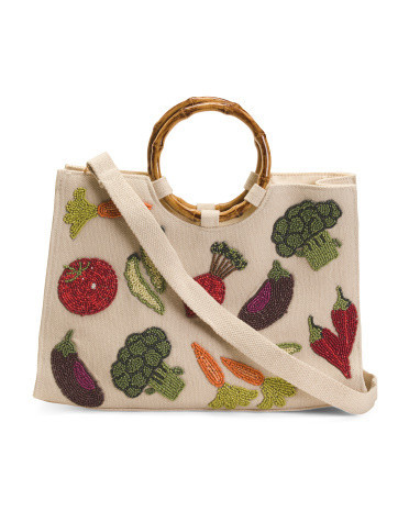 Cotton Canvas Hand Beaded Handle Tote With Strap For Women, Cotton/Gold | TJ Maxx