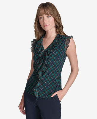 Tommy Hilfiger Women's Plaid Ruffle-Trim Top - Macy's | Macy's
