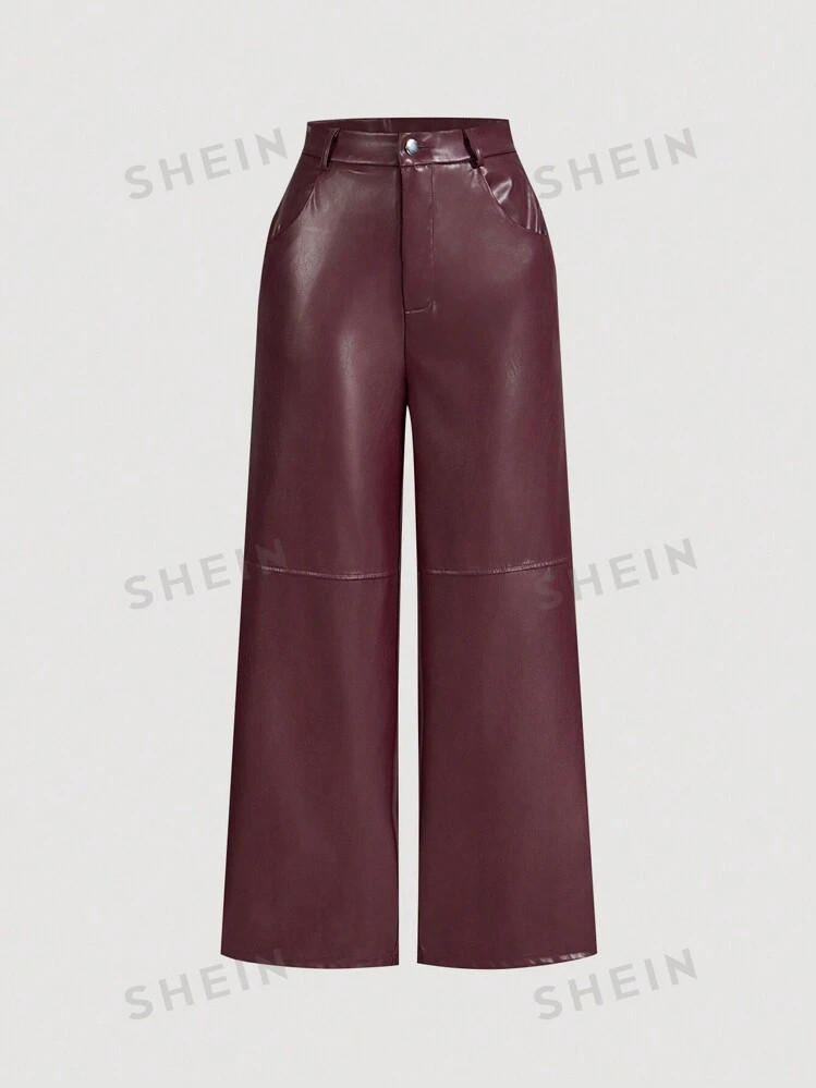 SHEIN MOD Burgundy Date Night Solid PU Leather Straight Leg Pants | SHEIN