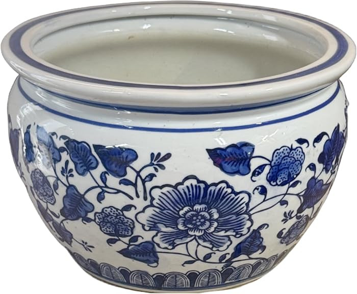 New 10" Oriental Cobalt Blue and White Floral Pattern with Leaves Fish Bowl Jardiniere Fish Bowl ... | Amazon (US)