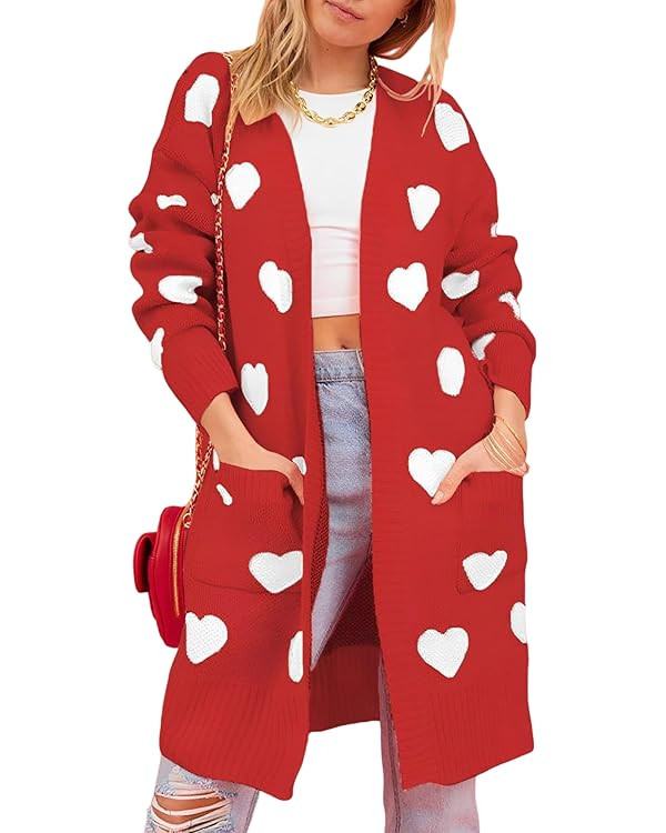 Wyeysyt Women Valentines Day Cardigans Sweaters Love Heart Open Front Long Chunky Casual Knit Car... | Amazon (US)