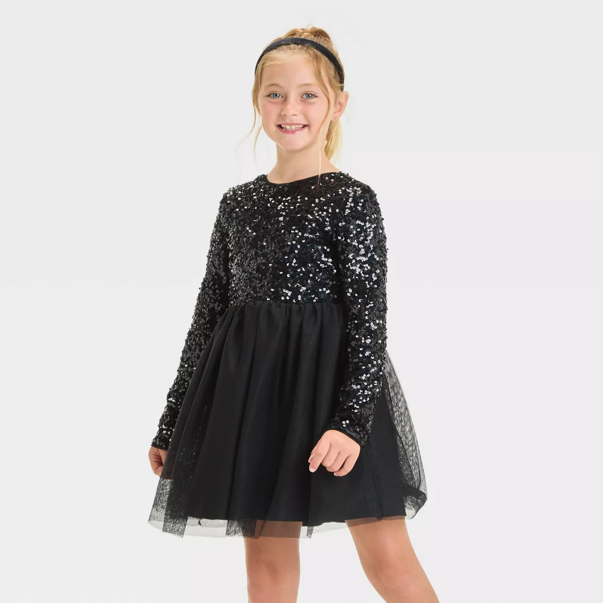 Girls' Long Sleeve Sequin Tulle Skirt Dress - Cat & Jack™ Black | Target